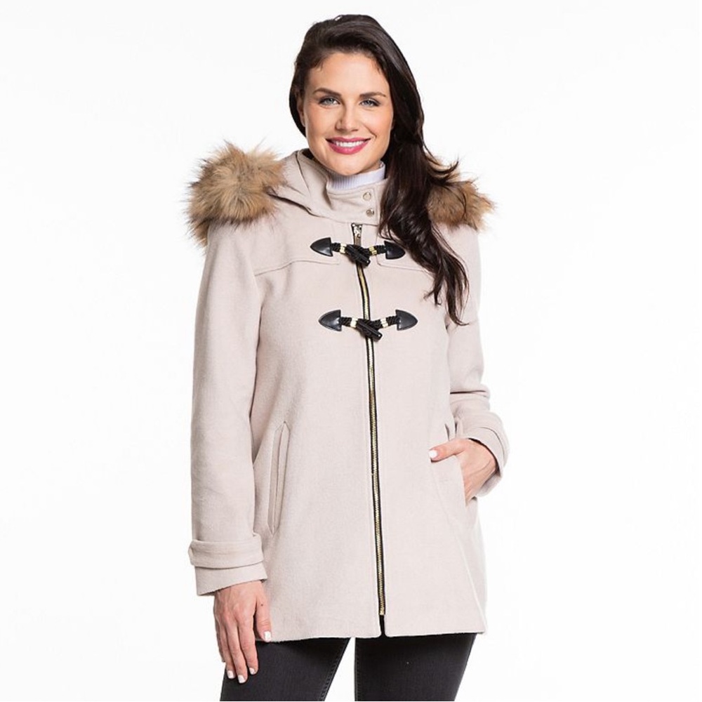 Nine West Women's Beige Toggle Coat with Faux Fur Hood NWT